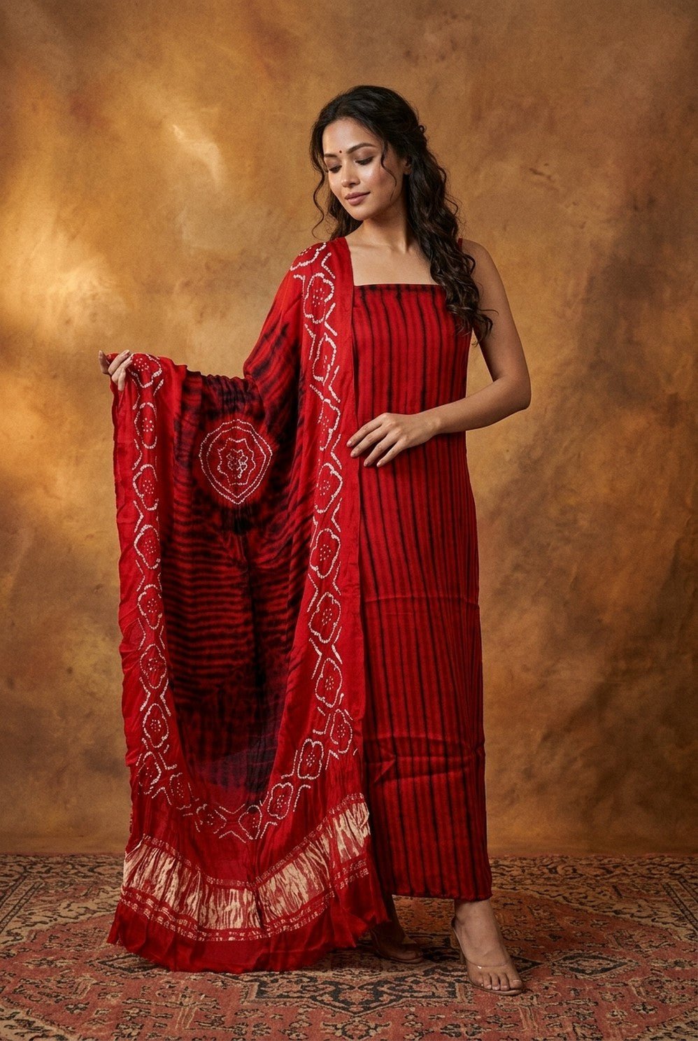 Mitti Ke Rang ~ Handcrafted Bandhani Leheriya in Red Modal Silk Unstitched Suit Set - verymuchindian.com