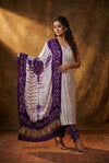 Mitti Ke Rang ~ Handcrafted Bandhani Leheriya in Violet White Modal Silk Unstitched Suit Set - verymuchindian.com
