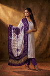 Mitti Ke Rang ~ Handcrafted Bandhani Leheriya in Violet White Modal Silk Unstitched Suit Set - verymuchindian.com