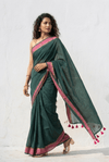 Mulmuli ~ Deep Forest Green Mul Cotton Saree with Rose Pink Borders - verymuchindian.com
