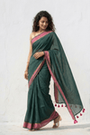 Mulmuli ~ Deep Forest Green Mul Cotton Saree with Rose Pink Borders - verymuchindian.com