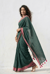 Mulmuli ~ Deep Forest Green Mul Cotton Saree with Rose Pink Borders - verymuchindian.com