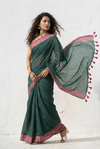 Mulmuli ~ Deep Forest Green Mul Cotton Saree with Rose Pink Borders - verymuchindian.com
