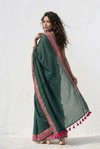 Mulmuli ~ Deep Forest Green Mul Cotton Saree with Rose Pink Borders - verymuchindian.com