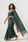 Mulmuli ~ Deep Forest Green Mul Cotton Saree with Rose Pink Borders - verymuchindian.com