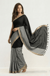 Mulmuli ~ Elegant Half & Half Mul Cotton Saree – Black & Grey with Gold Border - verymuchindian.com