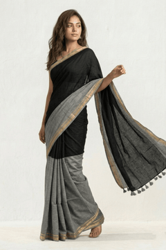 Mulmuli ~ Elegant Half & Half Mul Cotton Saree – Black & Grey with Gold Border - verymuchindian.com