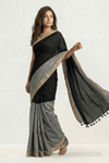 Mulmuli ~ Elegant Half & Half Mul Cotton Saree – Black & Grey with Gold Border - verymuchindian.com