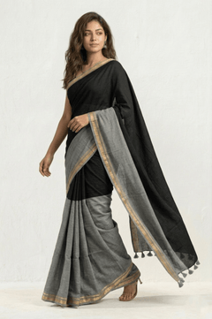 Mulmuli ~ Elegant Half & Half Mul Cotton Saree – Black & Grey with Gold Border - verymuchindian.com