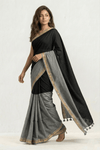 Mulmuli ~ Elegant Half & Half Mul Cotton Saree – Black & Grey with Gold Border - verymuchindian.com
