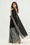 Mulmuli ~ Elegant Half & Half Mul Cotton Saree – Black & Grey with Gold Border - verymuchindian.com