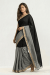 Mulmuli ~ Elegant Half & Half Mul Cotton Saree – Black & Grey with Gold Border - verymuchindian.com