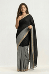 Mulmuli ~ Elegant Half & Half Mul Cotton Saree – Black & Grey with Gold Border - verymuchindian.com