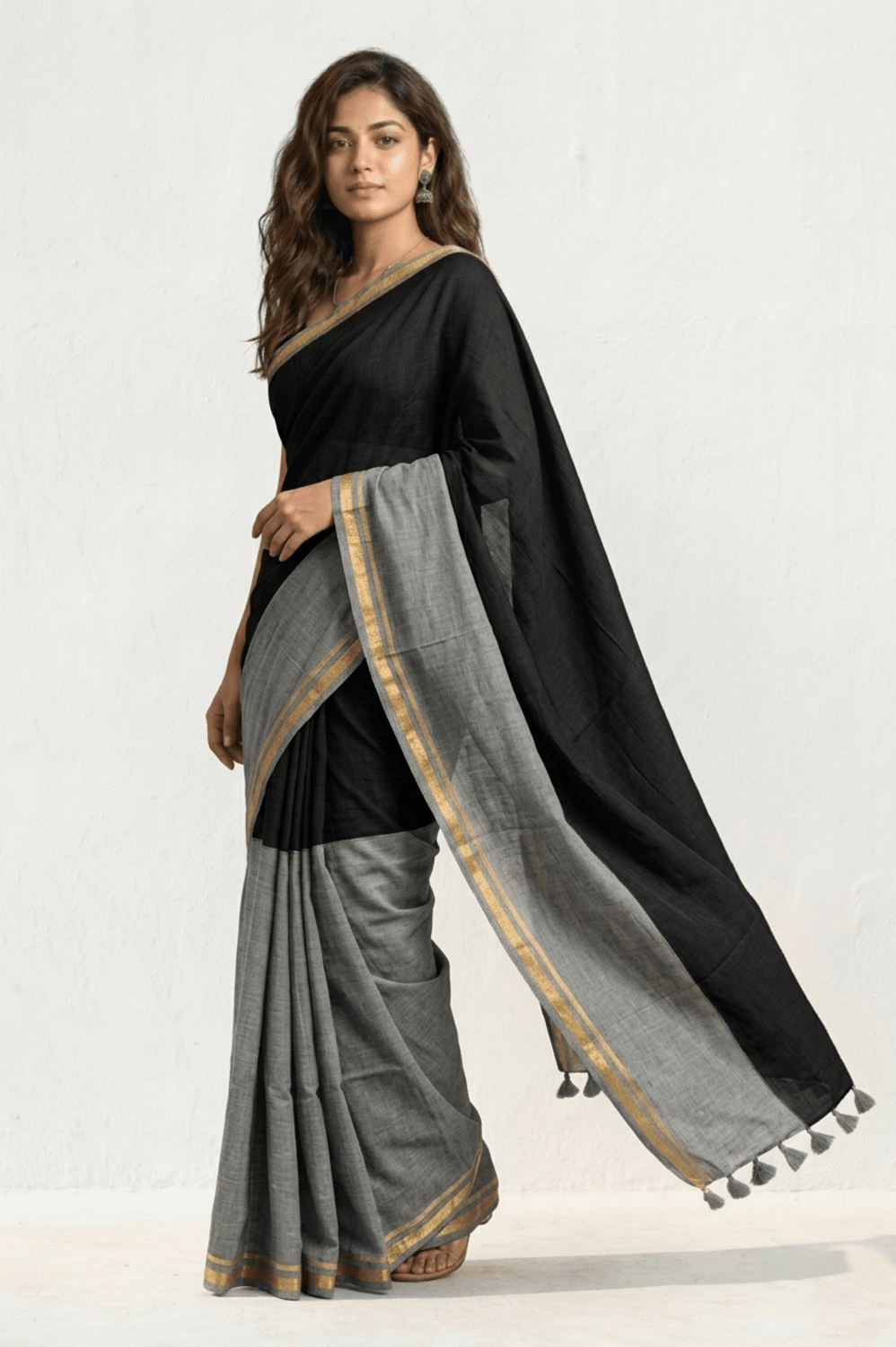 Mulmuli ~ Elegant Half & Half Mul Cotton Saree – Black & Grey with Gold Border - verymuchindian.com