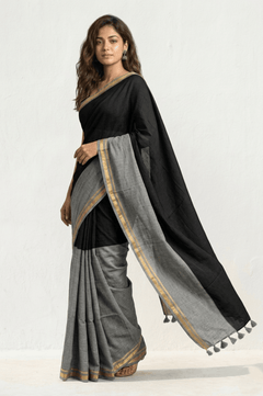 Mulmuli ~ Elegant Half & Half Mul Cotton Saree – Black & Grey with Gold Border - verymuchindian.com