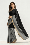 Mulmuli ~ Elegant Half & Half Mul Cotton Saree – Black & Grey with Gold Border - verymuchindian.com