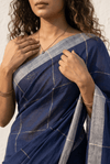Mulmuli ~ Midnight Indigo Checkered Mul Cotton Saree with Silver Zari Border - verymuchindian.com