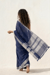 Mulmuli ~ Midnight Indigo Checkered Mul Cotton Saree with Silver Zari Border - verymuchindian.com