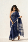 Mulmuli ~ Midnight Indigo Checkered Mul Cotton Saree with Silver Zari Border - verymuchindian.com
