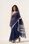 Mulmuli ~ Midnight Indigo Checkered Mul Cotton Saree with Silver Zari Border - verymuchindian.com