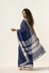 Mulmuli ~ Midnight Indigo Checkered Mul Cotton Saree with Silver Zari Border - verymuchindian.com