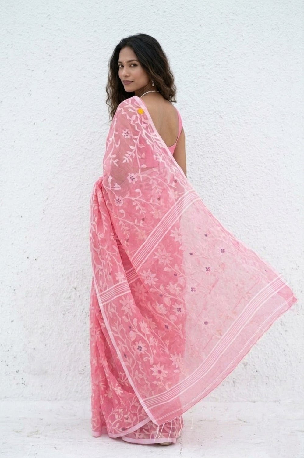 Mulmuli ~ Pure Handwoven Jamdani Mul Cotton Saree in Blush Pink - verymuchindian.com
