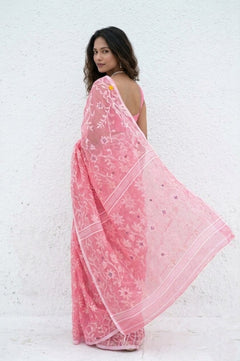 Mulmuli ~ Pure Handwoven Jamdani Mul Cotton Saree in Blush Pink - verymuchindian.com