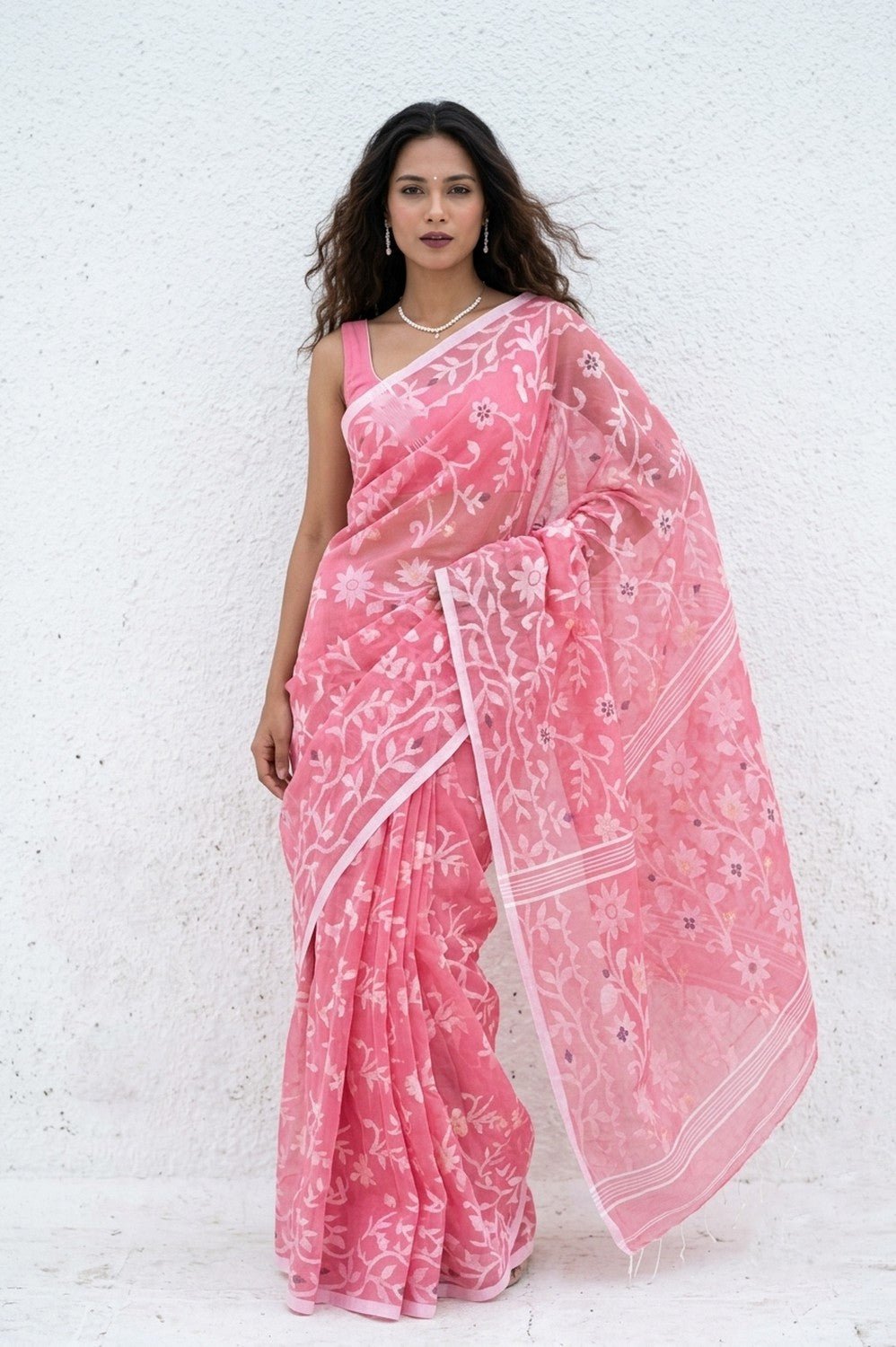 Mulmuli ~ Pure Handwoven Jamdani Mul Cotton Saree in Blush Pink - verymuchindian.com