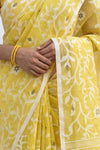 Mulmuli ~ Pure Handwoven Jamdani Mul Cotton Saree in Lemon Yellow - verymuchindian.com