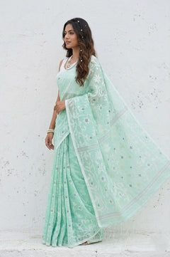 Mulmuli ~ Pure Handwoven Jamdani Mul Cotton Saree in Sea Green Blue - verymuchindian.com