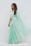 Mulmuli ~ Pure Handwoven Jamdani Mul Cotton Saree in Sea Green Blue - verymuchindian.com