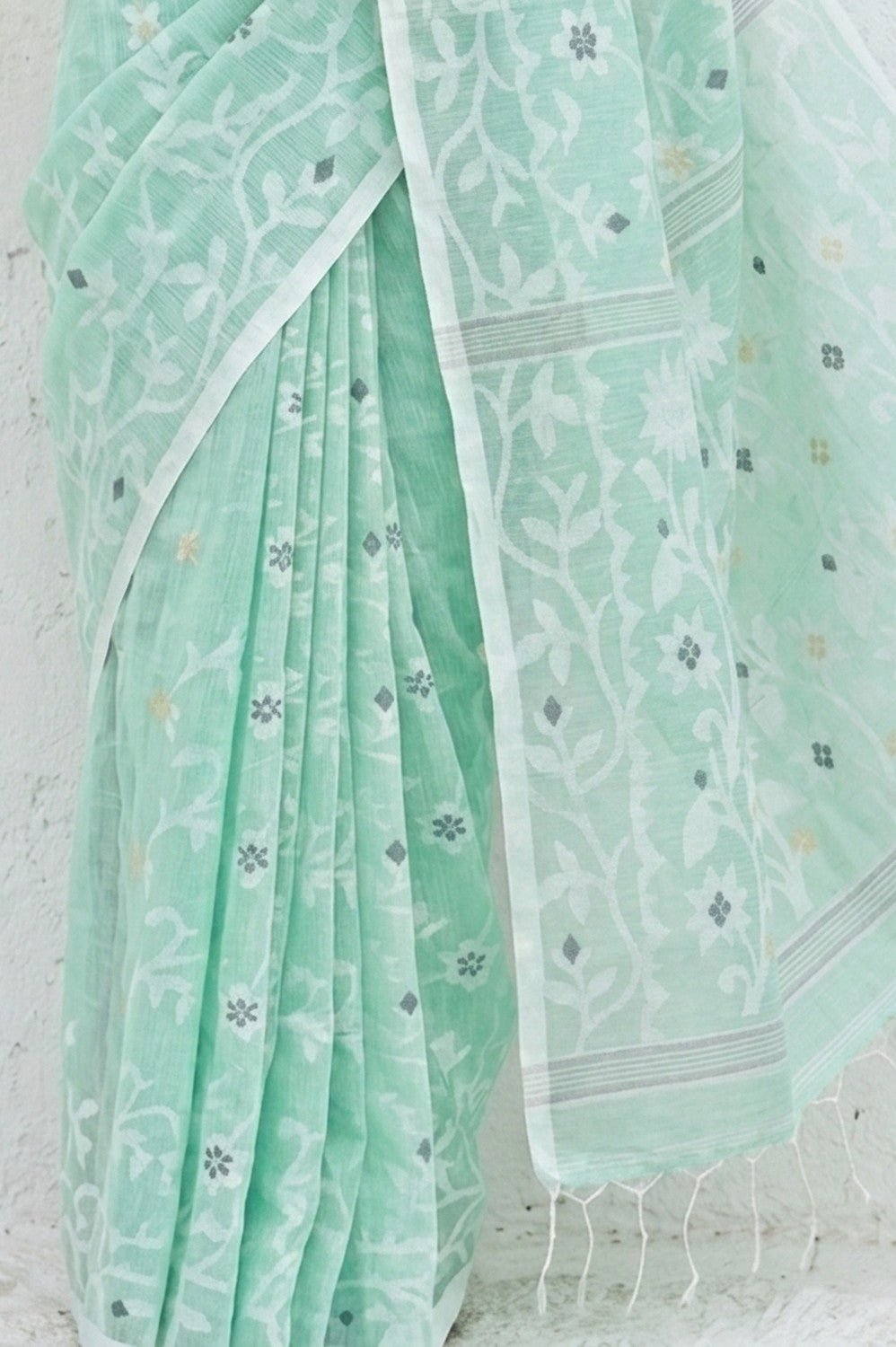 Mulmuli ~ Pure Handwoven Jamdani Mul Cotton Saree in Sea Green Blue - verymuchindian.com