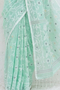 Mulmuli ~ Pure Handwoven Jamdani Mul Cotton Saree in Sea Green Blue - verymuchindian.com
