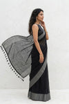 Mulmuli ~ Pure Handwoven Mul Cotton Saree In Black - verymuchindian.com