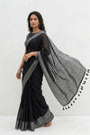 Mulmuli ~ Pure Handwoven Mul Cotton Saree In Black - verymuchindian.com