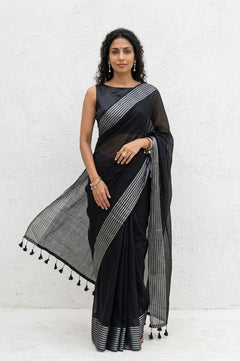 Mulmuli ~ Pure Handwoven Mul Cotton Saree In Black - verymuchindian.com