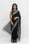 Mulmuli ~ Pure Handwoven Mul Cotton Saree In Black - verymuchindian.com