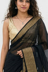 Mulmuli ~ Pure Handwoven Mul Cotton saree in Black with Golden Border - verymuchindian.com