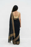 Mulmuli ~ Pure Handwoven Mul Cotton saree in Black with Golden Border - verymuchindian.com