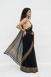 Mulmuli ~ Pure Handwoven Mul Cotton saree in Black with Golden Border - verymuchindian.com