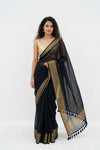 Mulmuli ~ Pure Handwoven Mul Cotton saree in Black with Golden Border - verymuchindian.com