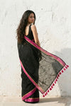 Mulmuli ~ Pure Handwoven Mul Cotton saree in Black with Rani Pink Border - verymuchindian.com