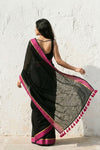 Mulmuli ~ Pure Handwoven Mul Cotton saree in Black with Rani Pink Border - verymuchindian.com