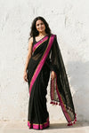 Mulmuli ~ Pure Handwoven Mul Cotton saree in Black with Rani Pink Border - verymuchindian.com