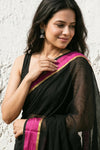 Mulmuli ~ Pure Handwoven Mul Cotton saree in Black with Rani Pink Border - verymuchindian.com