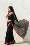 Mulmuli ~ Pure Handwoven Mul Cotton saree in Black with Rani Pink Border - verymuchindian.com
