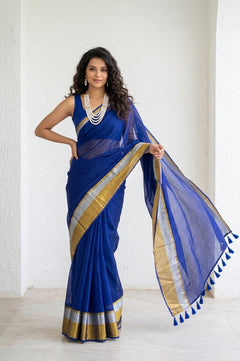 Mulmuli ~ Pure Handwoven Mul Cotton Saree in Blue - verymuchindian.com