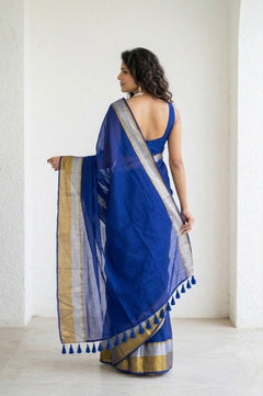 Mulmuli ~ Pure Handwoven Mul Cotton Saree in Blue - verymuchindian.com