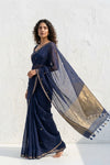 Mulmuli ~ Pure Handwoven Mul Cotton Saree In Blue with Sequins - verymuchindian.com
