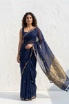 Mulmuli ~ Pure Handwoven Mul Cotton Saree In Blue with Sequins - verymuchindian.com